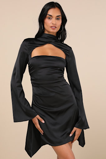 Sultry Elevation Black Satin Long Sleeve Cutout Mini Dress 1