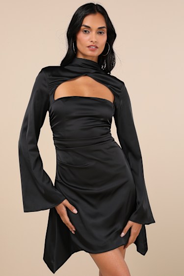 Black Satin Long Sleeve Cutout Mini Dress | Womens | X-Small (Available in M, L) | 100% Polyester | Lulus | Holiday Dresses Black Satin Long Sleeve Cutout Mini Dress | Womens | X-Small (Available in M, L) | 100% Polyester | Lulus | Holiday Dresses