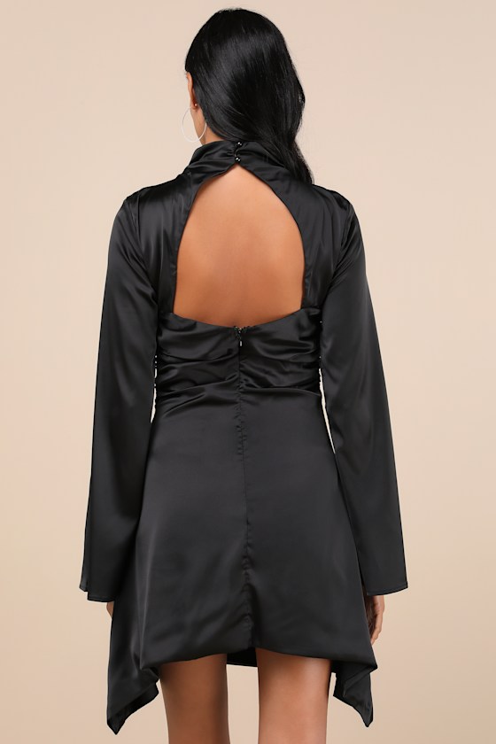 LULUS SULTRY ELEVATION BLACK SATIN LONG SLEEVE CUTOUT MINI DRESS 