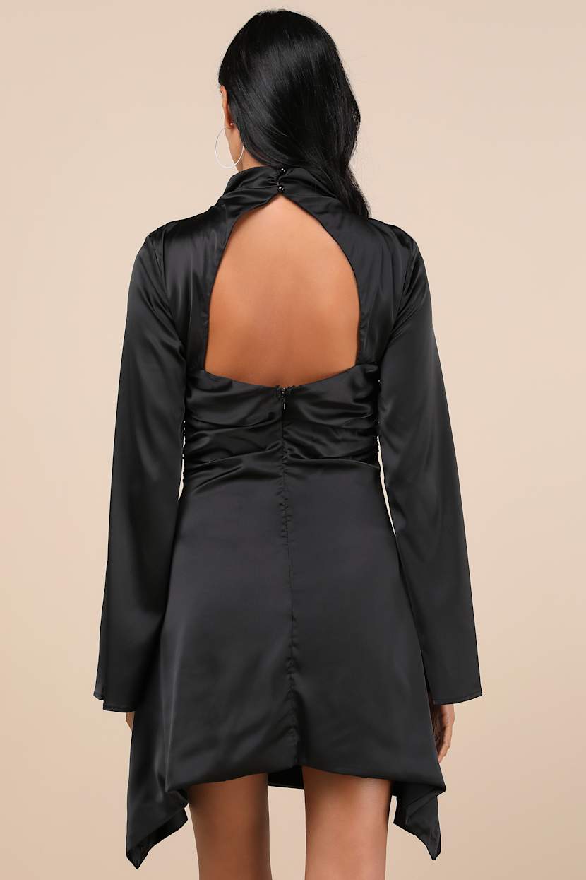 knee length dresses for ladies Lucy Black Satin Long Sleeve Mini Dress main image 1