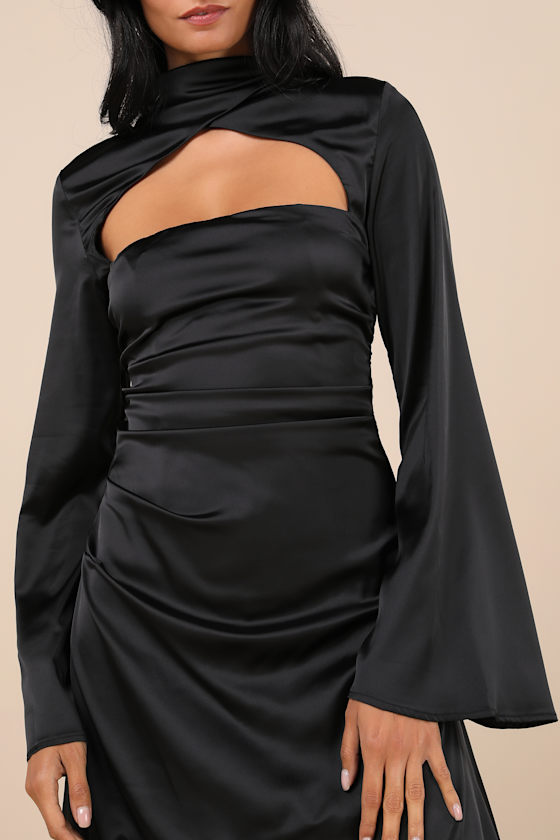 LULUS SULTRY ELEVATION BLACK SATIN LONG SLEEVE CUTOUT MINI DRESS 