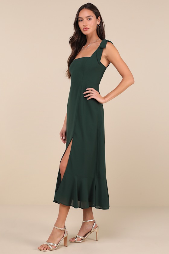 Lulus Summer Invite Emerald Green Tie-strap Tiered Midi Dress In Emerald Green