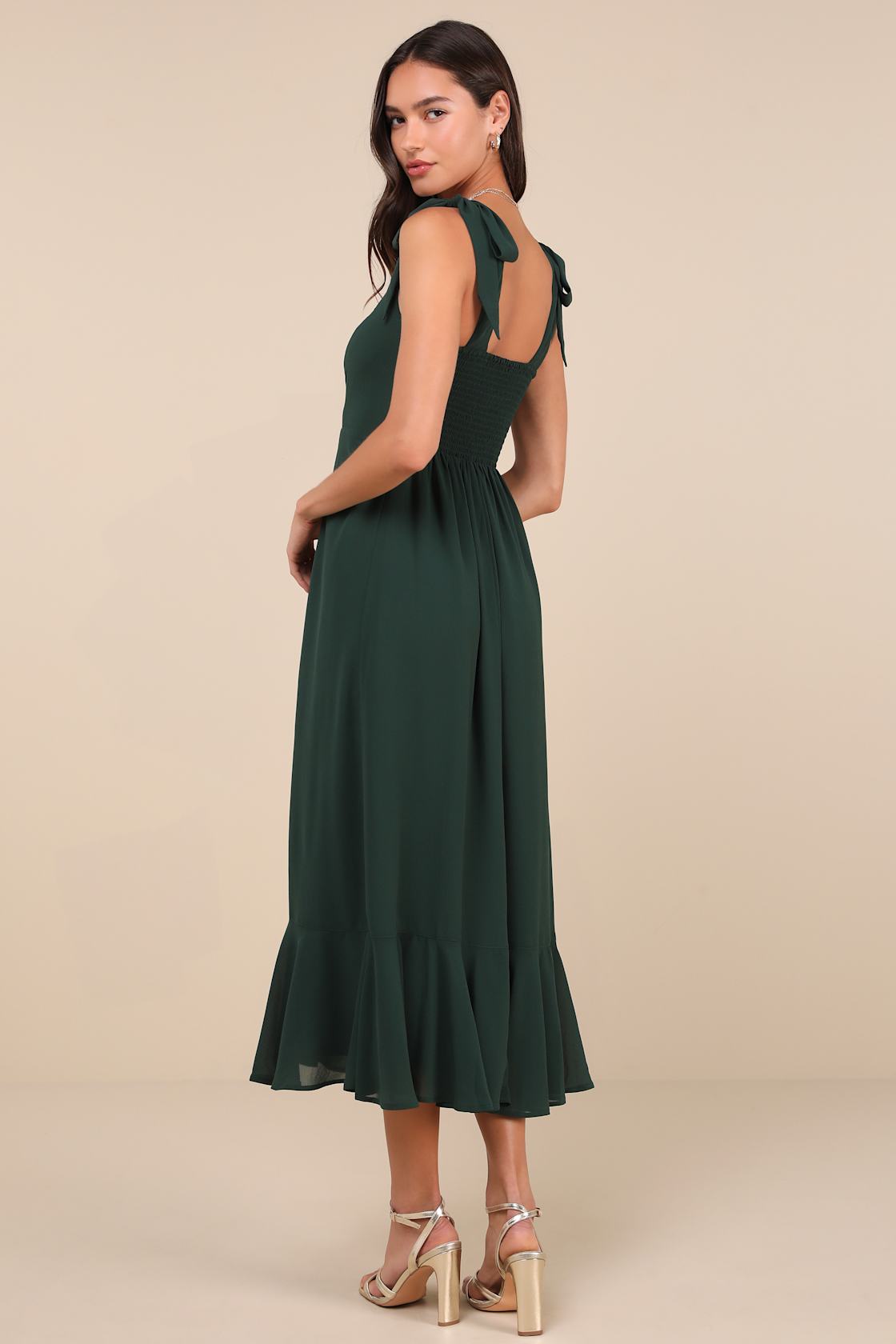 Summer Invite Emerald Green Tie-Strap Tiered Midi Dress