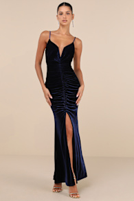 Stunning Invitation Navy Velvet Ruched Sleeveless Maxi Dress 2