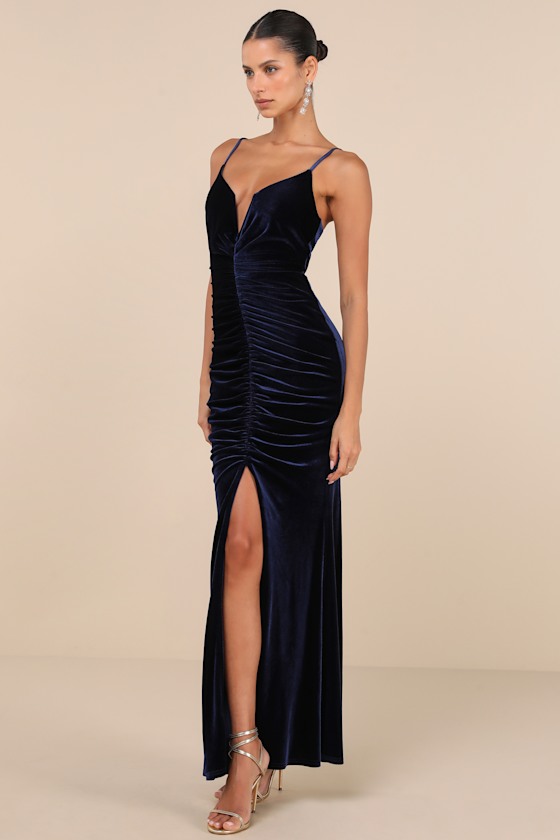 Lulus Stunning Invitation Navy Velvet Ruched Sleeveless Maxi Dress In Navy