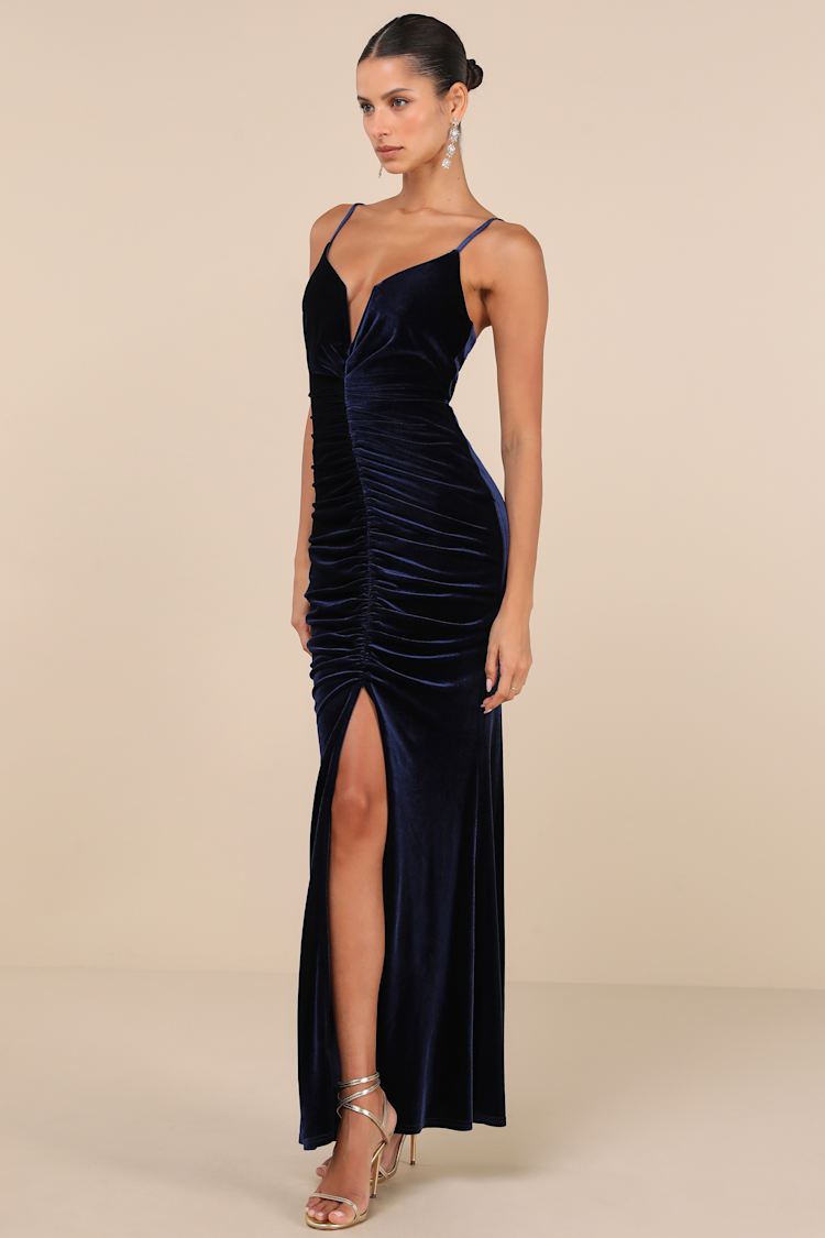 Stunning Invitation Navy Velvet Ruched Sleeveless Maxi Dress