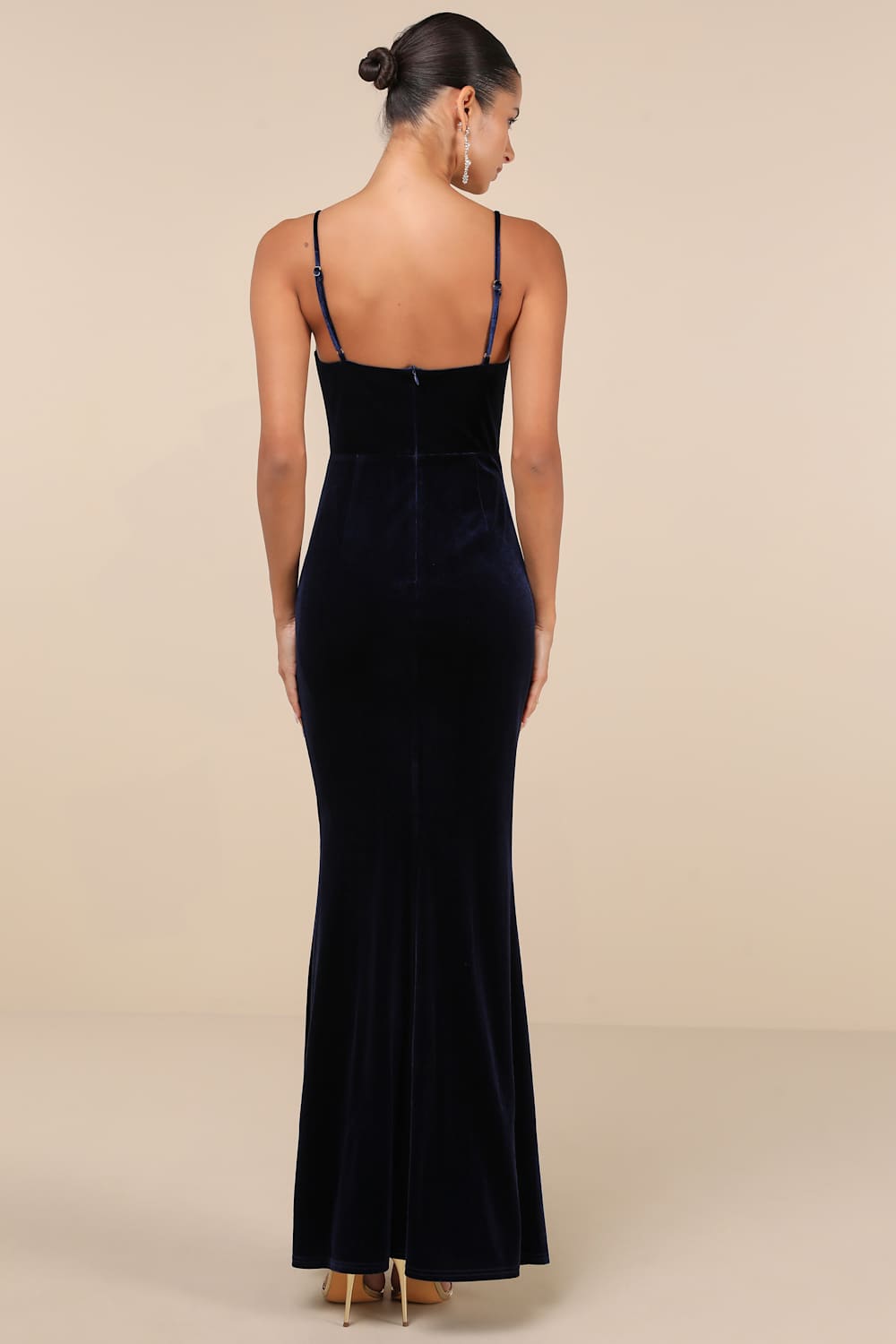 Stunning Invitation Navy Velvet Ruched Sleeveless Maxi Dress