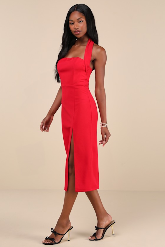 Lulus Irresistible Silhouette Red Backless Bustier Halter Midi Dress In Red