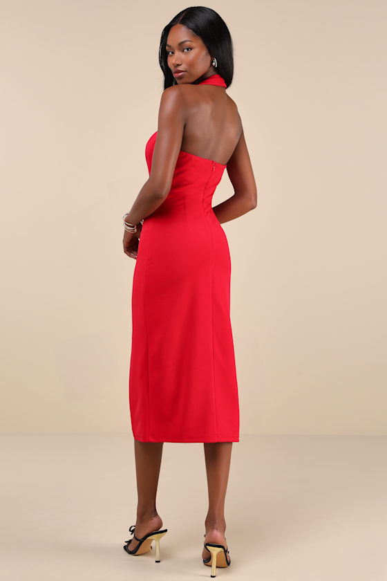Lulus Irresistible Silhouette Red Backless Bustier Halter Midi Dress In Red