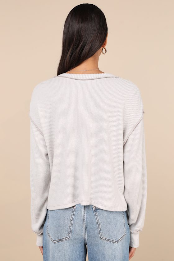 Cozy Cues Beige Ribbed Slouchy Long Sleeve Henley Top 1
