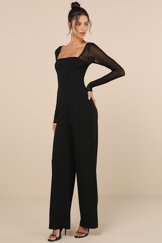 LULUS LOVINGLY YOURS BLACK MESH LONG SLEEVE JUMPSUIT 