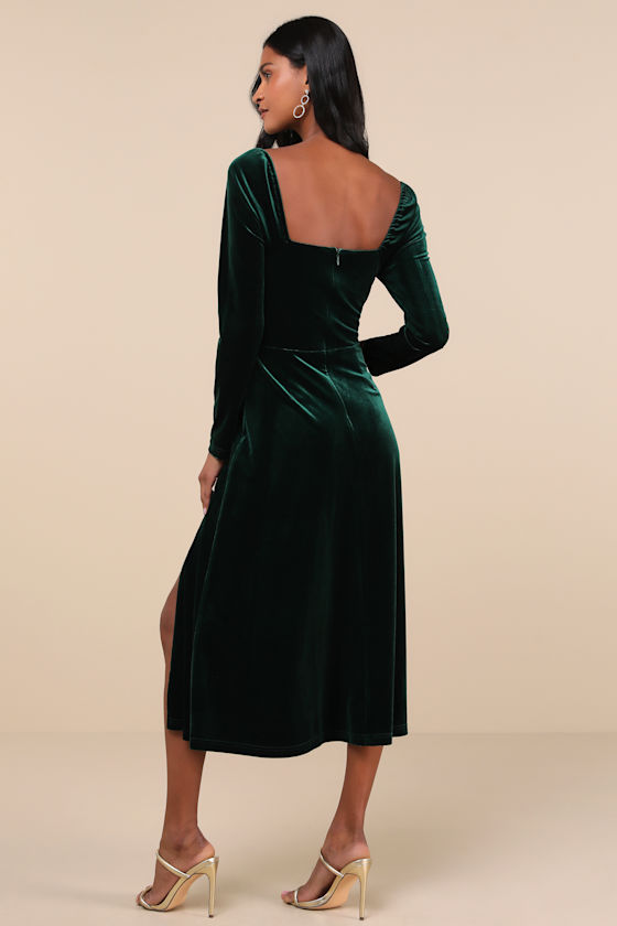 Emerald Velvet Dress - Bustier Dress - Long Sleeve Midi