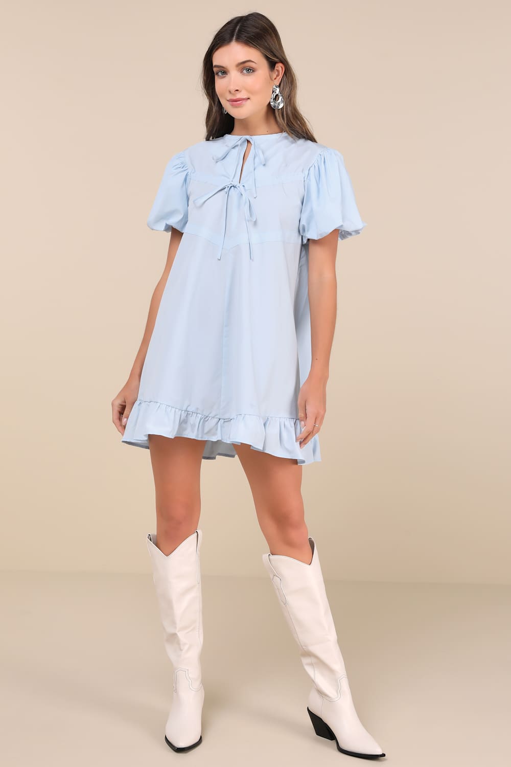 Darling Drawstring Blue Puff Sleeve Shift Mini Dress