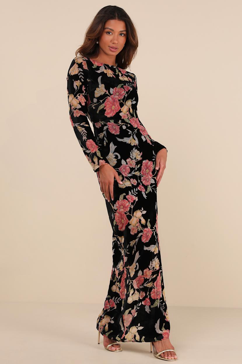 Glorious Aura Black Velvet Floral Burnout Long Sleeve Maxi Dress