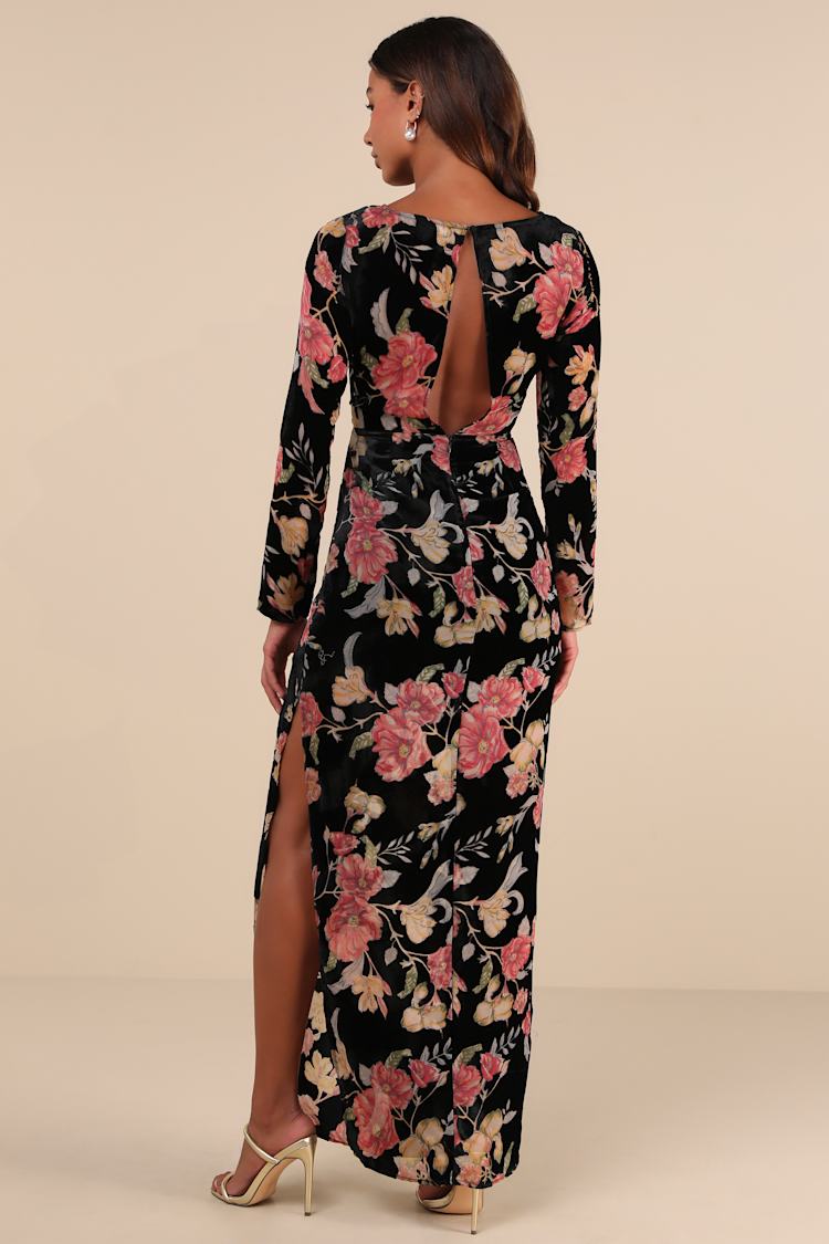 Glorious Aura Black Velvet Floral Burnout Long Sleeve Maxi Dress