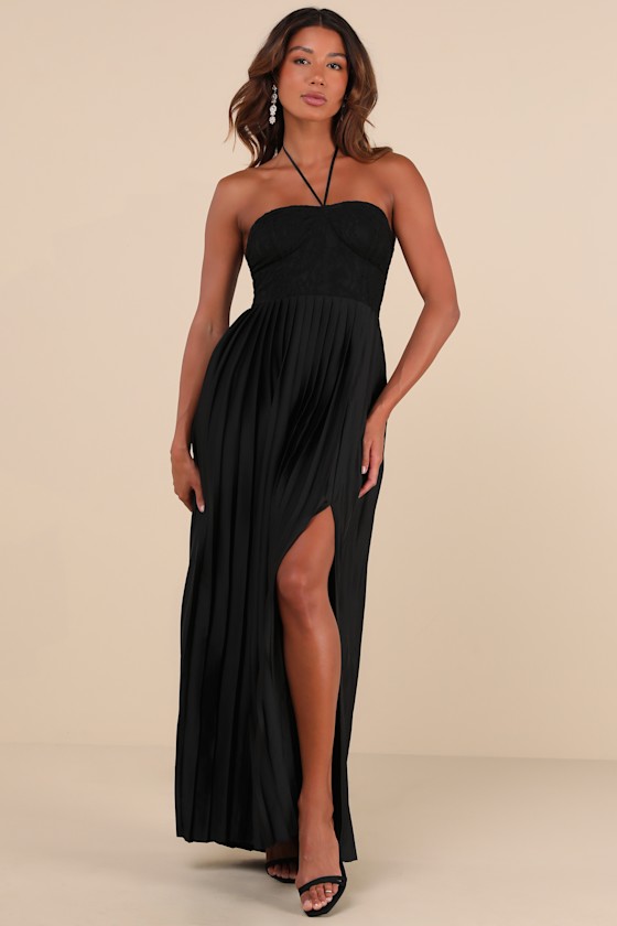 Lulus Certainly Poised Black Lace Halter Bustier Maxi Dress In Black