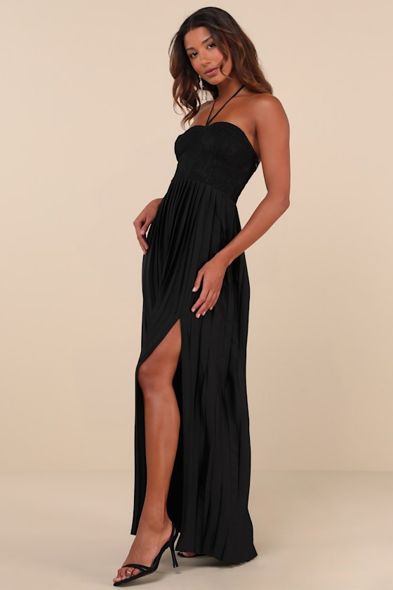 Lulus Certainly Poised Black Lace Halter Bustier Maxi Dress In Black