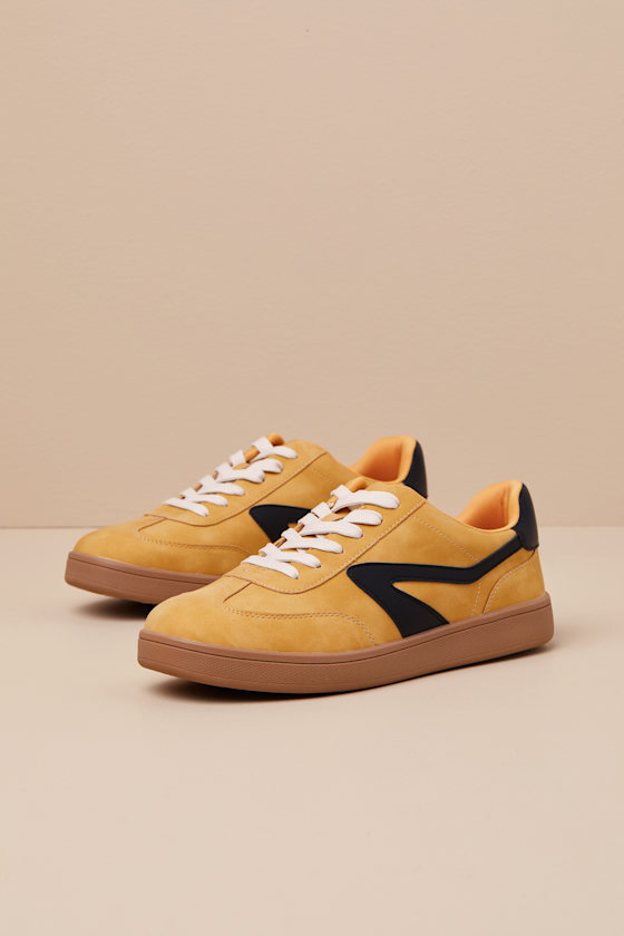 Dolce Vita Voyage Mustard Color Block Suede Lace-up Sneakers In Yellow