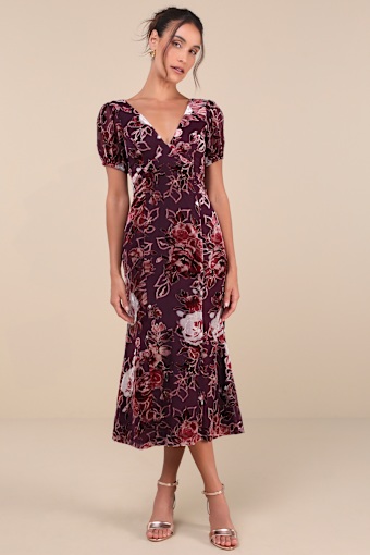 Loving Approach Purple Velvet Burnout Puff Sleeve Midi Dress 1