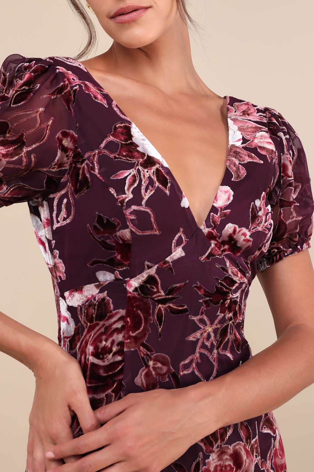 Loving Approach Purple Velvet Burnout Puff Sleeve Midi Dress