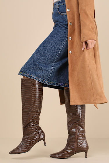 Brown Over-The-Knee Boots Croc-Embossed Boots Low Heel Boots