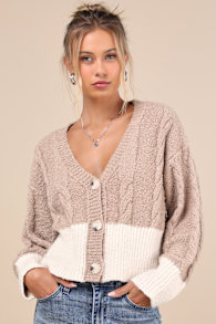 Convincingly Cozy Beige and Ivory Cable Knit Boucle Cardigan 1