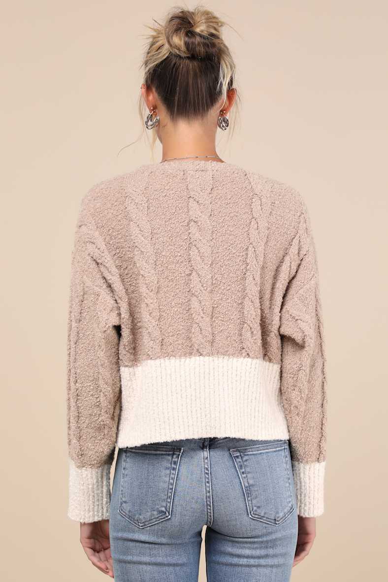 Convincingly Cozy Beige and Ivory Cable Knit Boucle Cardigan