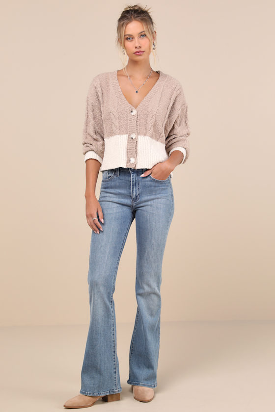 Lulus Convincingly Cozy Beige And Ivory Cable Knit Boucle Cardigan In Beige And Ivory