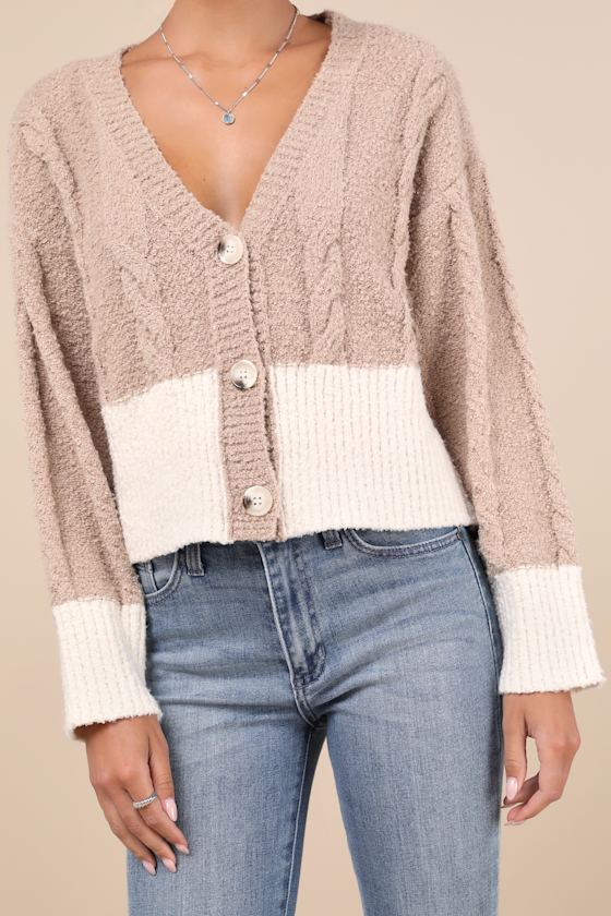 Lulus Convincingly Cozy Beige And Ivory Cable Knit Boucle Cardigan In Beige And Ivory