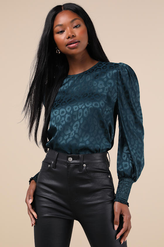 Fierce Outfit Dark Teal Satin Jacquard Long Sleeve Top 1