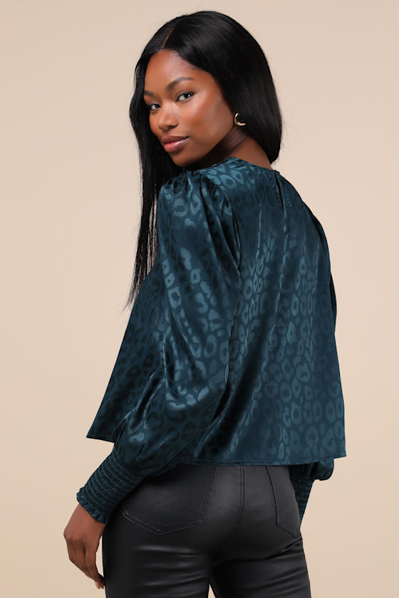 Fierce Outfit Dark Teal Satin Jacquard Long Sleeve Top 4