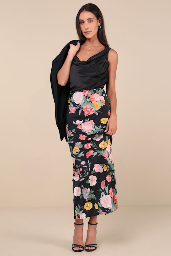 Lulus Glorious Energy Black Floral Print Satin High-rise Maxi Skirt In Black