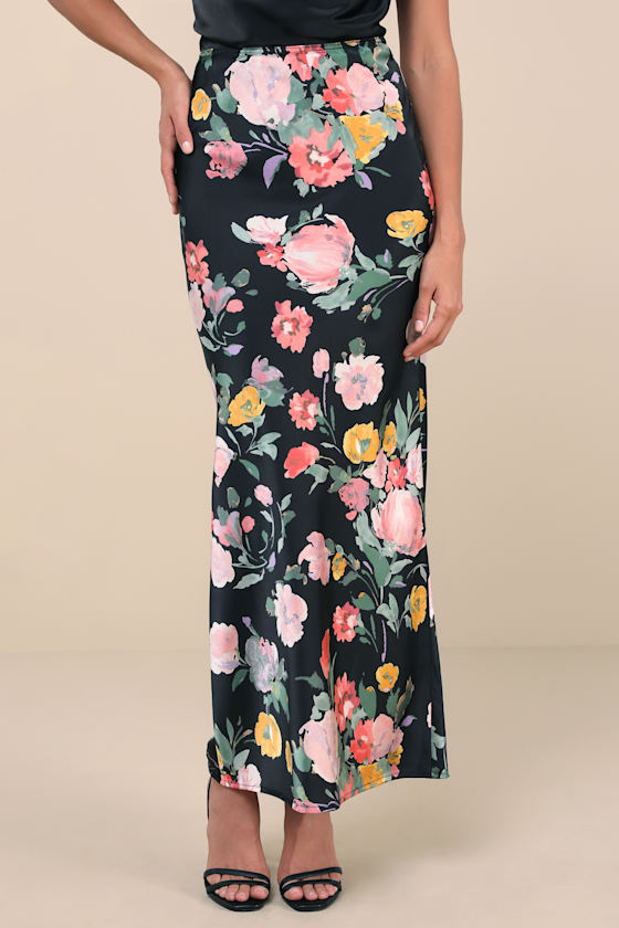 Lulus Glorious Energy Black Floral Print Satin High-rise Maxi Skirt In Black