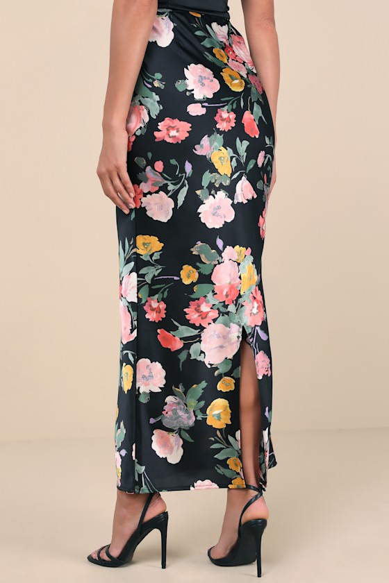 Lulus Glorious Energy Black Floral Print Satin High-rise Maxi Skirt In Black