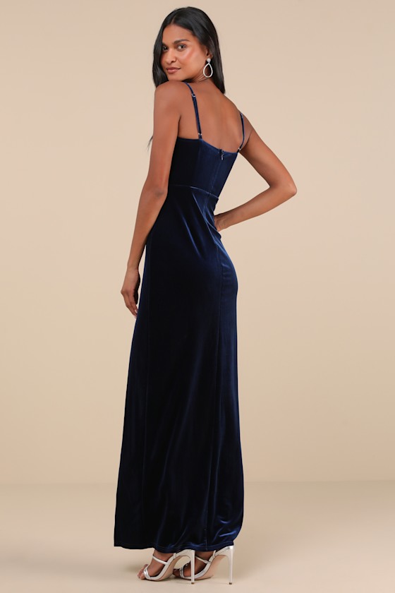 Graceful Glamour Navy Blue Velvet Surplice Maxi Dress 2