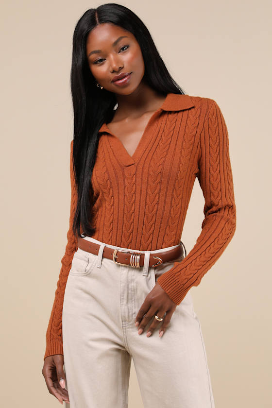 Rust Brown Cable Knit Top - Sweater Top - Collared Sweater Top - Lulus