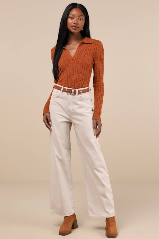 Seasonal Classic Rust Brown Cable Knit Collared Sweater Top 4