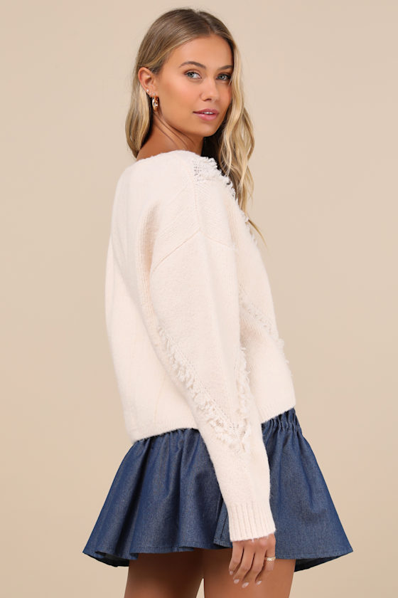 Lulus Trendy Warmth Cream Fringe V-neck Pullover Sweater In White