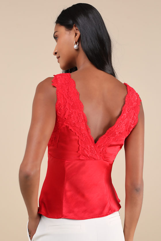 Lulus Pleasing Perfection Red Satin Lace V-neck Tank Top In Red