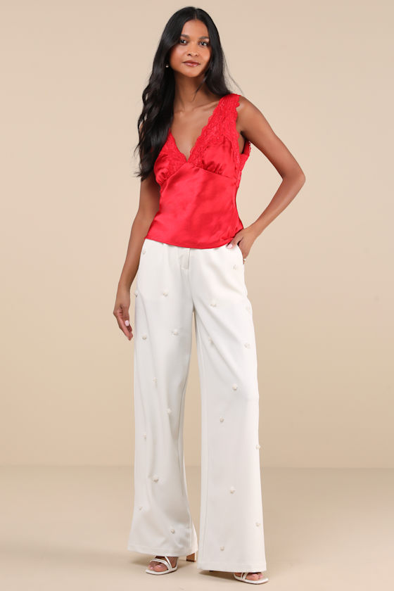 Lulus Pleasing Perfection Red Satin Lace V-neck Tank Top In Red