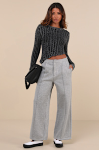 Poised Coziness Heather Grey Pintuck Wide-Leg Sweatpant Trousers 2