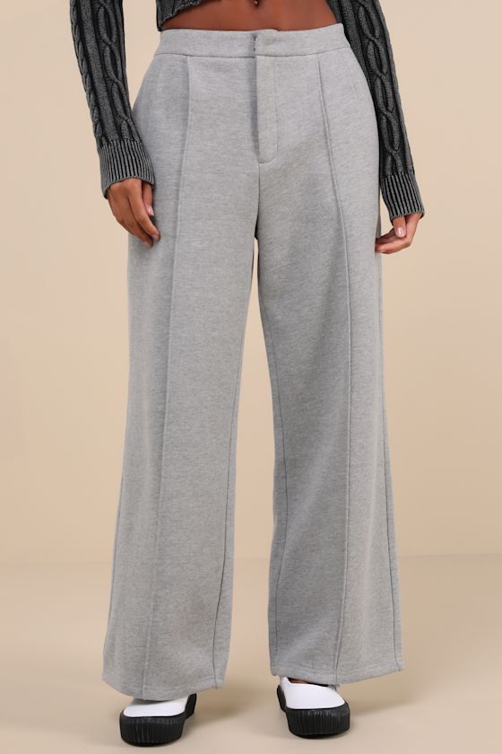 Poised Coziness Heather Grey Pintuck Wide-Leg Sweatpant Trousers 3