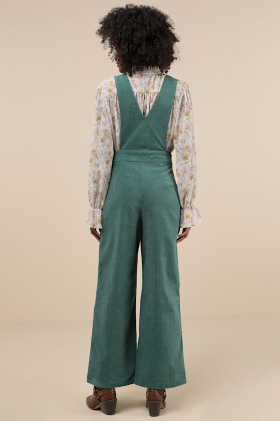 Autumn Energy Green Corduroy Wide-Leg Overall Jumpsuit