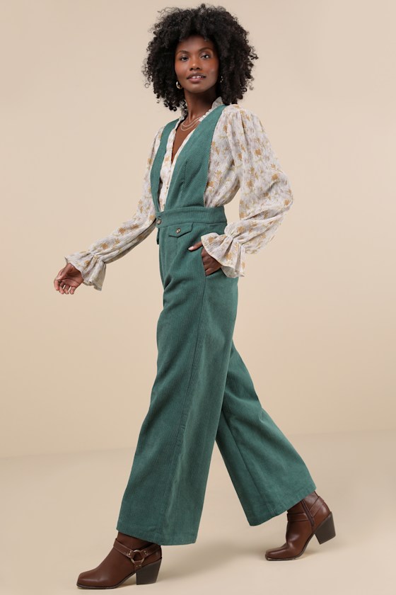Lulus Autumn Energy Green Corduroy Wide-leg Overall Jumpsuit In Green