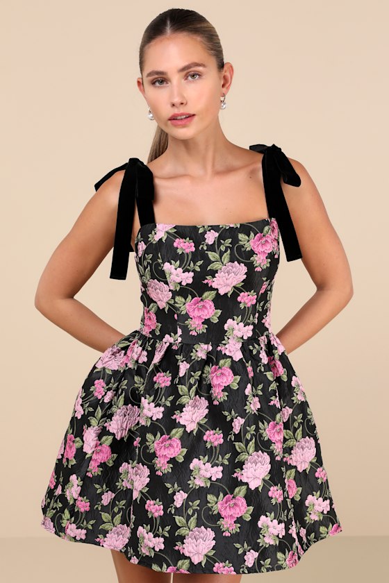 Black Floral Jacquard Dress - Tie-Strap Dress - Skater Mini Black Floral Jacquard Dress - Tie-Strap Dress - Skater Mini