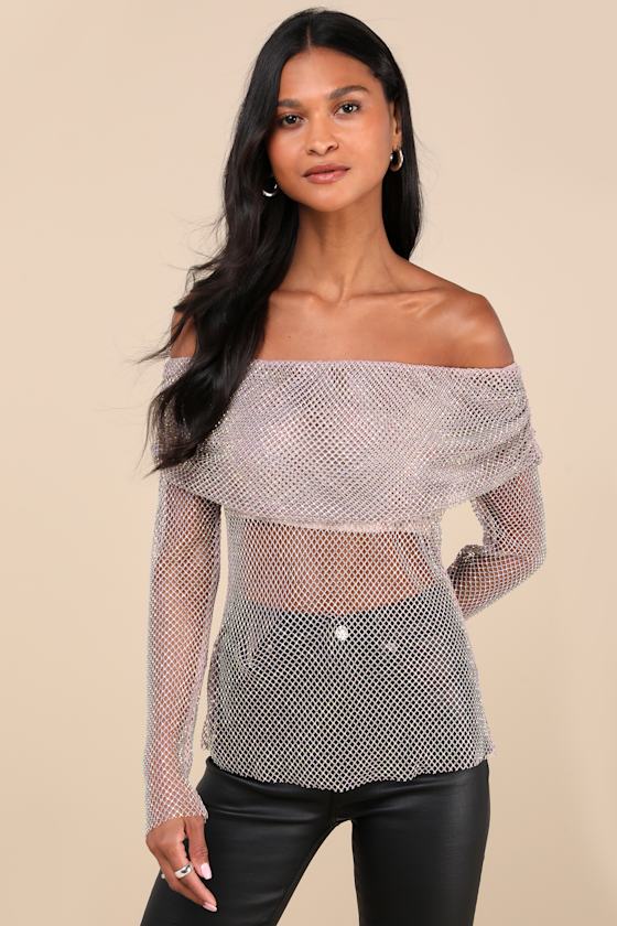 ASTR the Label Diamante - Grey Iridescent Mesh Top - OTS Net Top