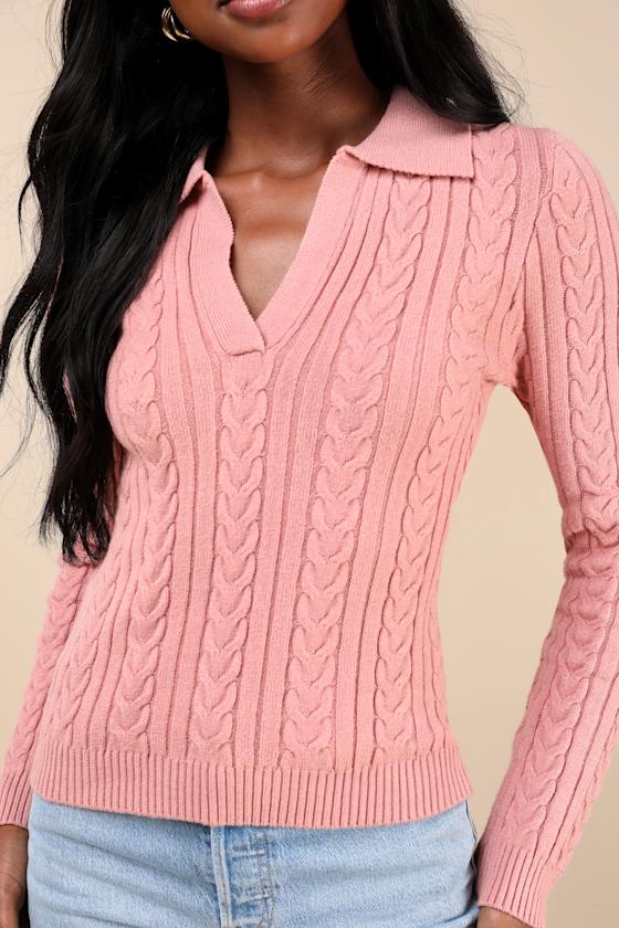 Lulus Seasonal Classic Pink Cable Knit Collared Sweater Top In Pink