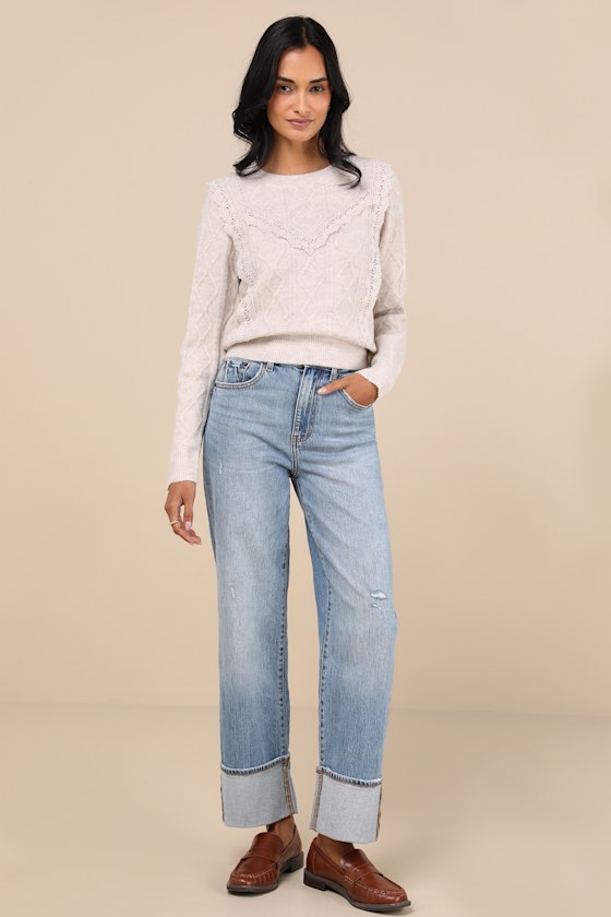 Lulus Sweetest Warmth Heather Taupe Cable Knit Lace Trim Sweater In Taupe