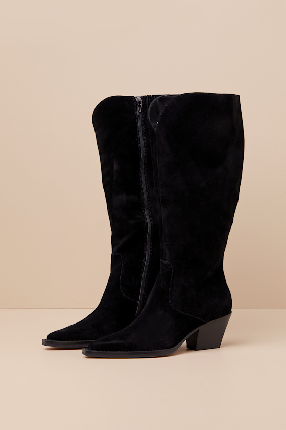 Raj Wide Calf Onyx Suede Leather Pointed-Toe Knee-High Boots 1