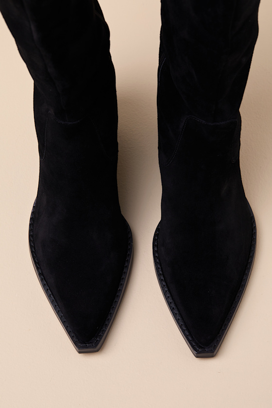Dolce Vita Raj Wide Calf Onyx Suede Leather Pointed-toe Knee-high Boots In Black